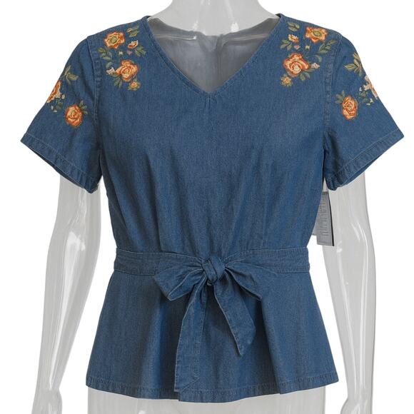J.O.A. Embroidered Denim Blouse NWT Short Sleeve Tie Waist Women’s Size Med. - Picture 1 of 10